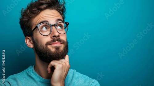 Young man with glasses thinking, wearing a blue sweater