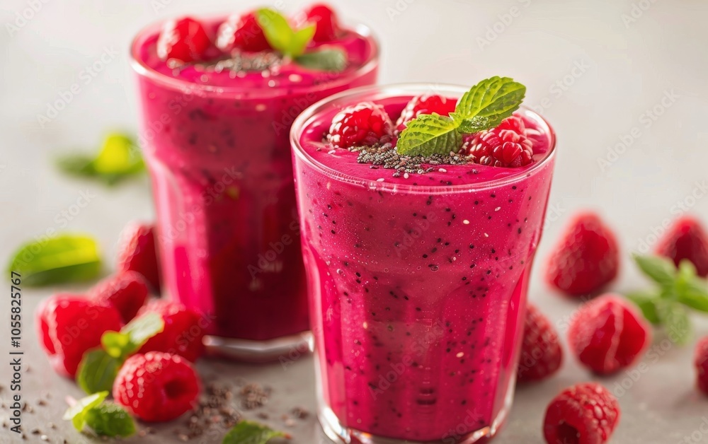 Two Freshly Made Fruit Smoothies With Mint Garnish and Berries Two Freshly Made Fruit Smoothies With Mint Garnish and Berries