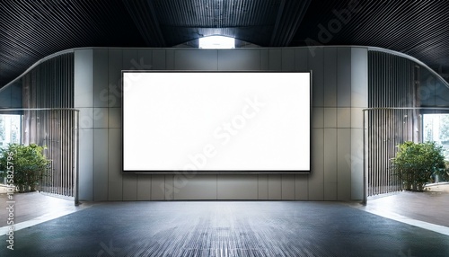 Large empty modern interior space with a blank screen for display or advertising