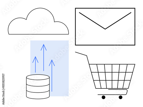 Cloud, mailing envelope, upload arrows, database storage symbol, shopping cart for internet purchasing in a minimalistic layout. Ideal for technology, cloud computing, e-commerce, digital