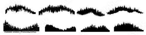 silhouettes set of black evergreen woods vector illustration,  Coniferous spruce horizontal background patterns, Pine tree panorama view.