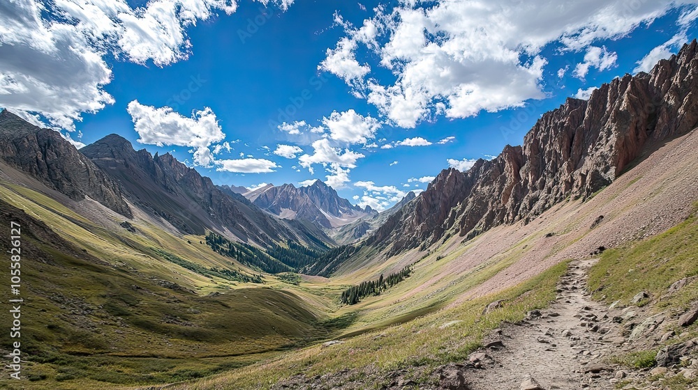 Mountain Trail with View of Rugged Peaks and Valley Mountain Trail with View of Rugged Peaks and Valley