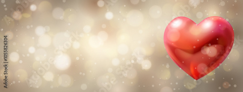 Festive Valentine's Day illustration with big red heart shaped helium balloon on a blurred background in beige tones with bokeh effect.