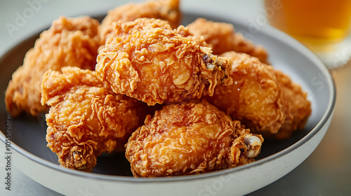 Korean fried chicken with a crispy golden coating, served with pickled radish and beer2 photo