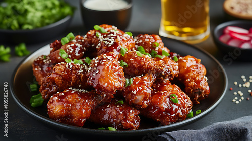 Korean fried chicken with a crispy golden coating, served with pickled radish and beer1 photo