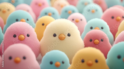 Colorful Plush Chickens Gather in a Cute Cozy Setting for a Fun Display