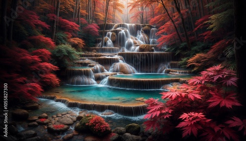 Autumn Waterfall with Colorful Leaves in the Forest. Peaceful Fall Waterfall Surrounded by Red and Orange Leaves. photo