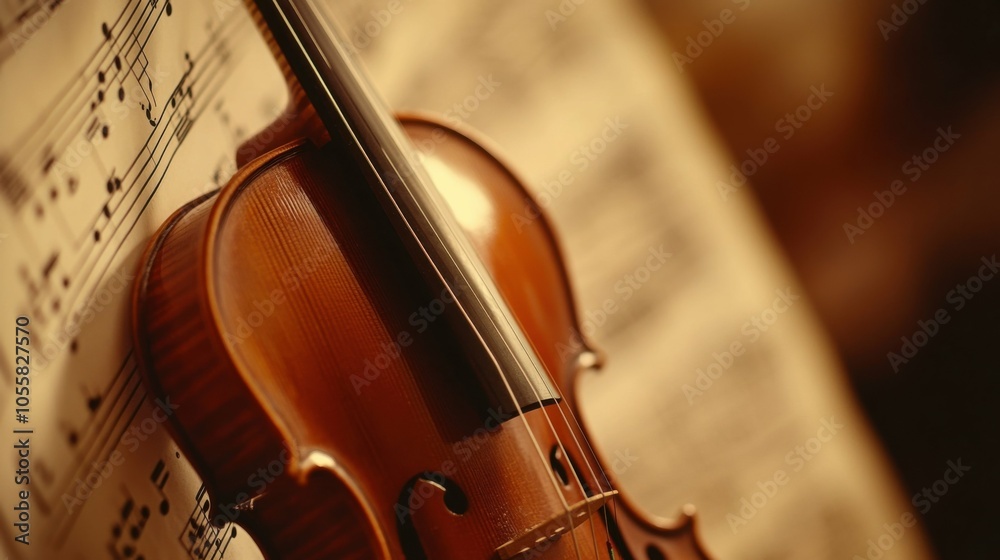 Fototapeta premium A low-angle view of a violin propped up on its stand, showing the neck and tuning pegs. The background is softly blurred with a hint of sheet music.