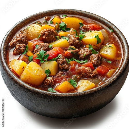 A hearty bowl of beef stew featuring tender chunks of meat, diced potatoes, carrots, and tomatoes, garnished with fresh parsley, served in a rustic brown bowl
