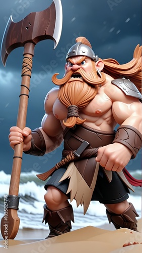 Fierce cartoon viking warrior with ax on stormy beach photo