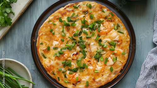 Korean seafood pancake (haemul pajeon) with green onions, crispy and golden-brown2 photo