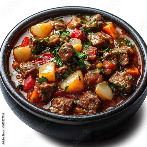 A hearty bowl of beef stew featuring tender chunks of meat, diced potatoes, carrots, and tomatoes, garnished with fresh parsley, served in a rustic brown bowl
