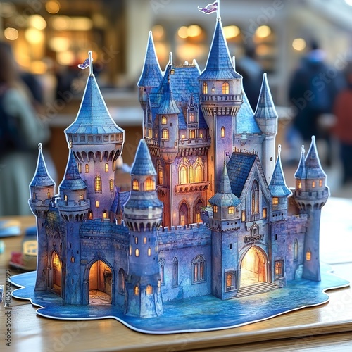 A beautifully crafted miniature castle model with illuminated towers, showcasing intricate designs and details. It features multiple spires and a magical ambiance, set against a blurred background
