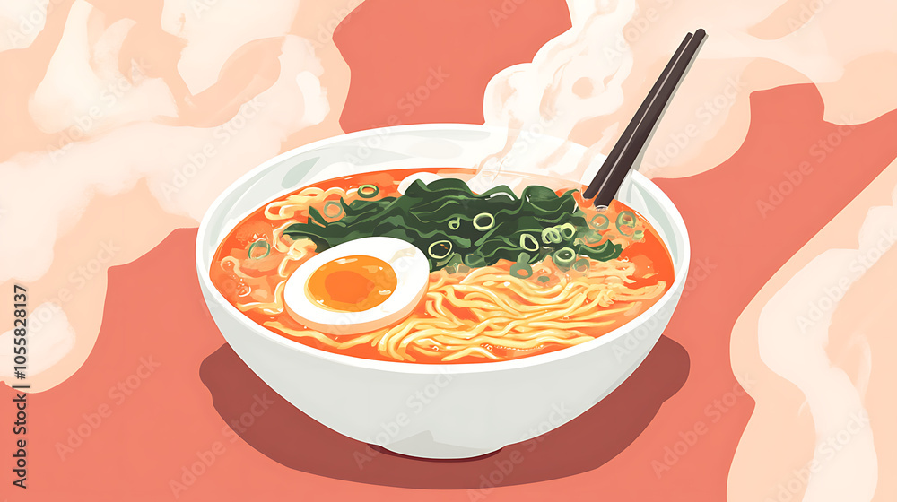 Spicy Korean ramen topped with soft-boiled egg, seaweed, and green onions, steamy and hot3 Spicy Korean ramen topped with soft-boiled egg, seaweed, and green onions, steamy and hot3