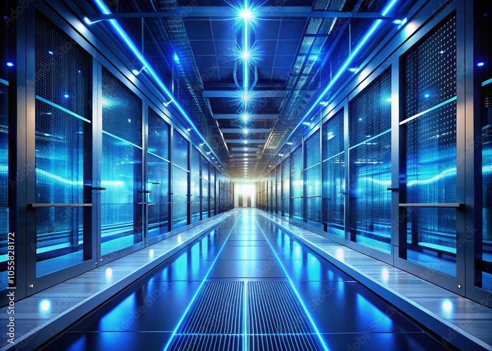 Futuristic Blue Corridor in Advanced Technology Facility with Digital Network and Server Systems for Science