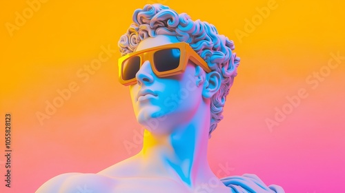 Greek sculpture in sunglasses with cyber lights, cinematic