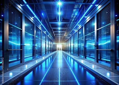 Futuristic Blue Corridor in Advanced Technology Facility with Digital Network and Server Systems for Science