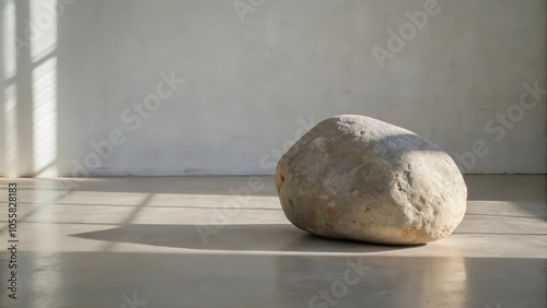 A Single Boulder Resting in a Room with a White Wall and Sunbeams Streaming Through a Window