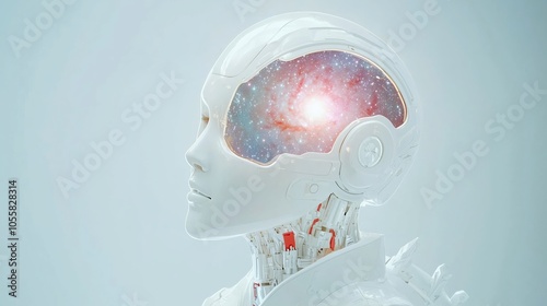 futuristic white robotic Humanoid Cybernetics woman, reflected in the head the universe full of stars inside
