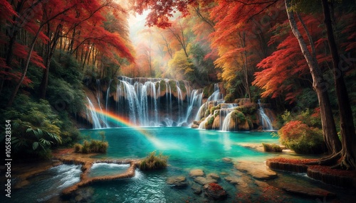 Autumn Waterfall with Colorful Leaves in the Forest. Peaceful Fall Waterfall Surrounded by Red and Orange Leaves. photo