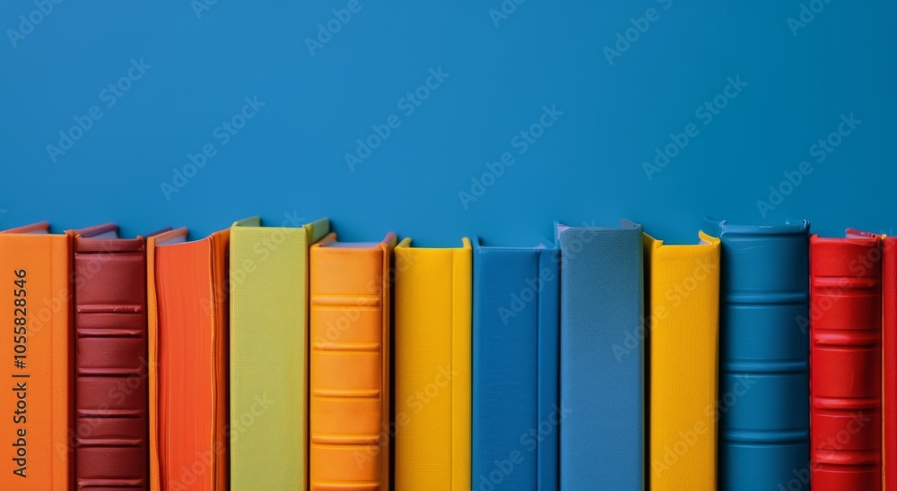 Colorful Books Arranged on Blue Background Colorful Books Arranged on Blue Background