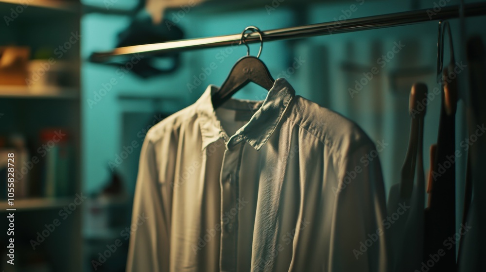 A low-angle view of a clothes hanger holding a shirt, showing the fabric draping. The background is softly blurred with closet items. A low-angle view of a clothes hanger holding a shirt, showing the fabric draping. The background is softly blurred with closet items.