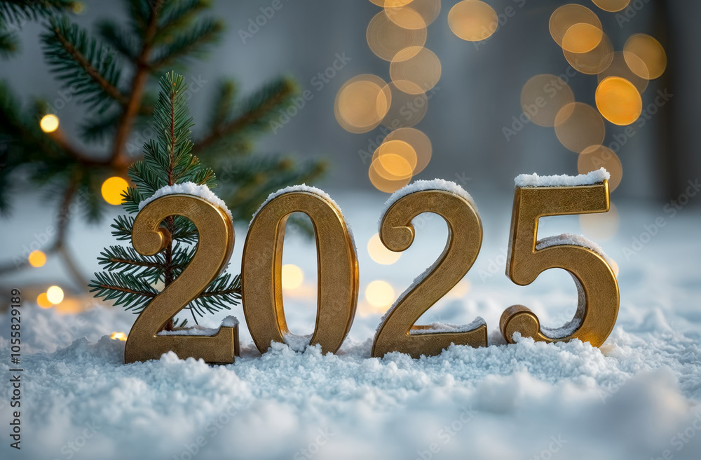 Number 2025 with christmas decorations in snow. New Year concept. Number 2025 with christmas decorations in snow. New Year concept.