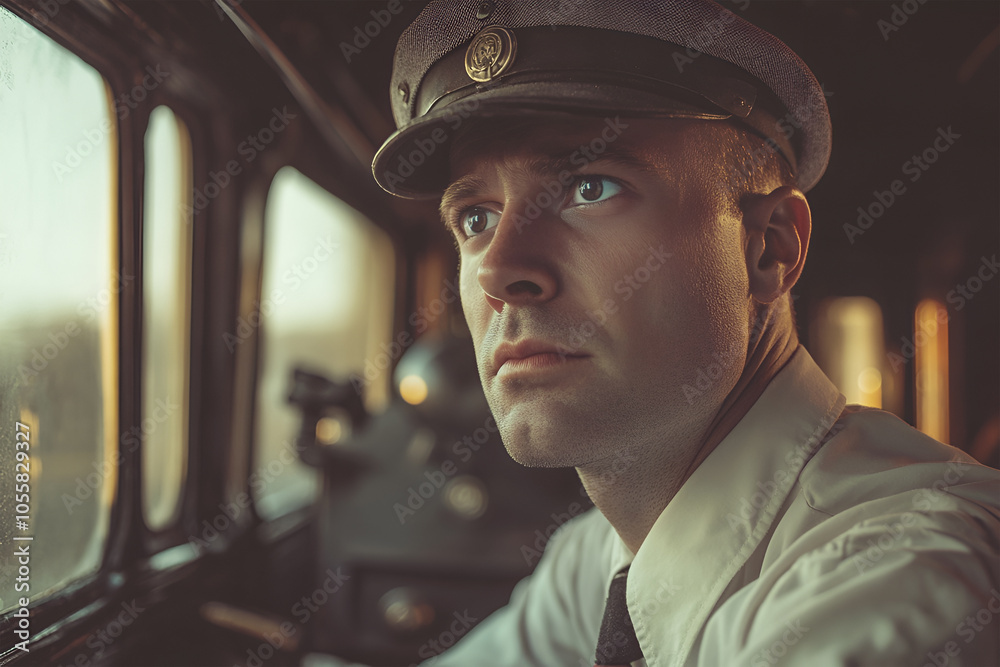 a man is a locomotive driver in a cap. a man is a locomotive driver in a cap.