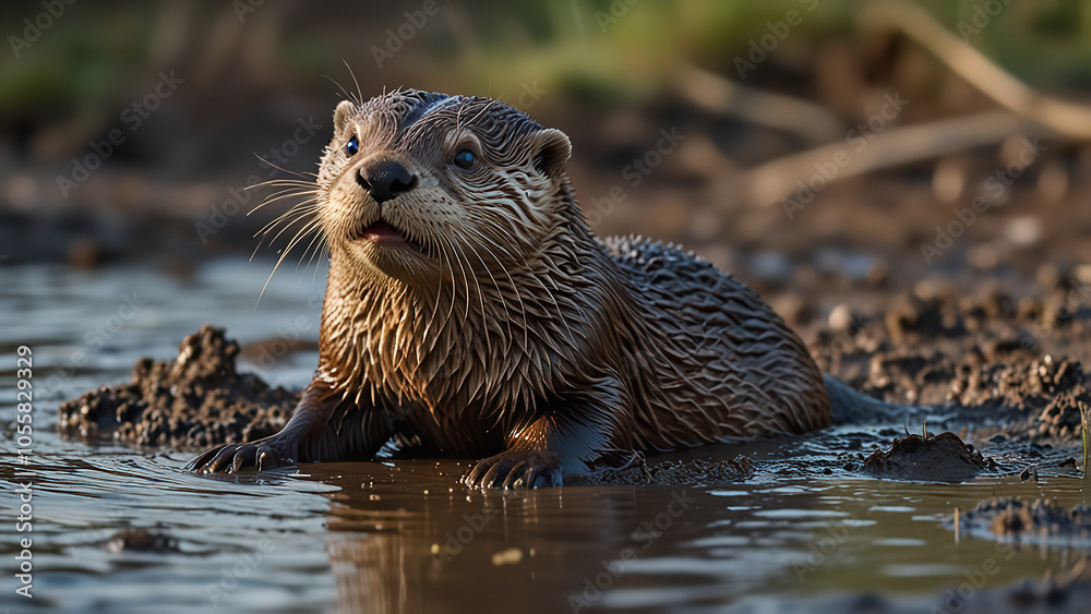 A playful otter sliding down a muddy bank. A playful otter sliding down a muddy bank.