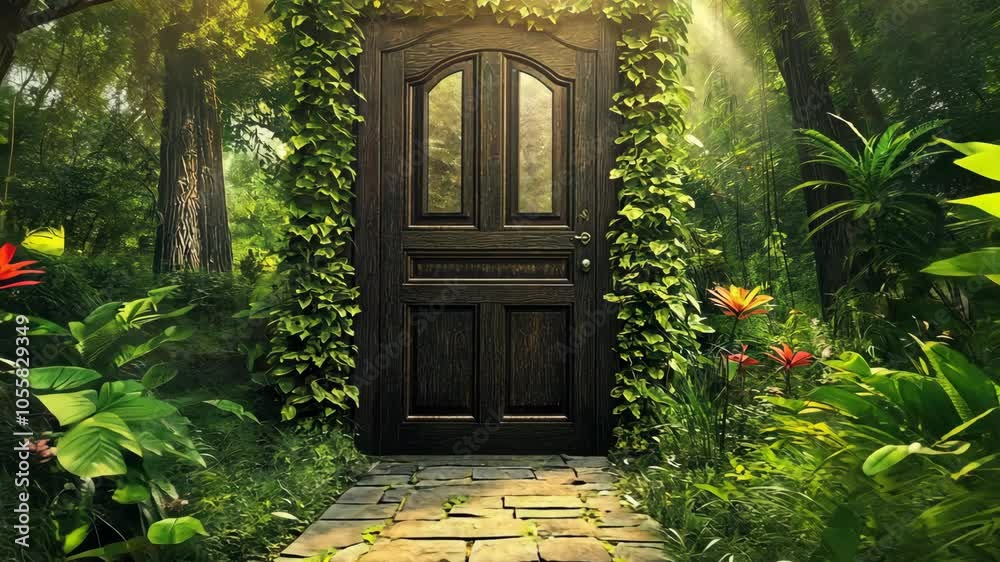 A wooden door stands in the middle of a lush green forest, inviting you to discover what lies beyond