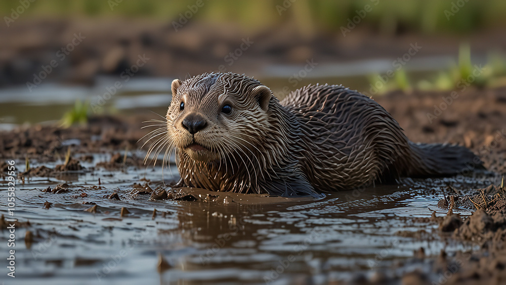 A playful otter sliding down a muddy bank. A playful otter sliding down a muddy bank.