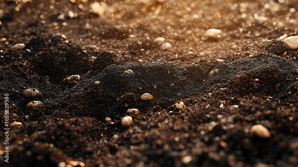 Rich and dark soil with organic compost, showcasing vibrant ecosystem Rich and dark soil with organic compost, showcasing vibrant ecosystem