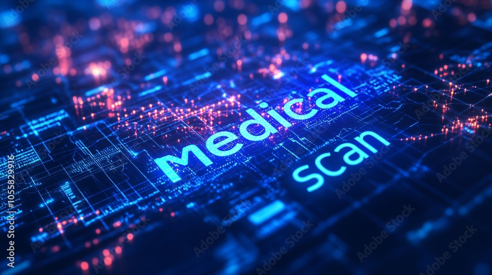 Abstract image with medical scan text and glowing particles, symbolizing technology in healthcare Abstract image with medical scan text and glowing particles, symbolizing technology in healthcare