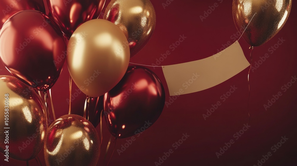 A luxurious Christmas party scene with balloons in rich red and gold tones, an empty banner hanging from them, waiting for a personalized holiday greeting. A luxurious Christmas party scene with balloons in rich red and gold tones, an empty banner hanging from them, waiting for a personalized holiday greeting.