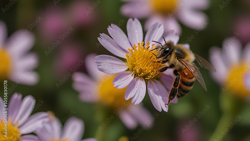 A busy bee collecting pollen from a flower. A busy bee collecting pollen from a flower.