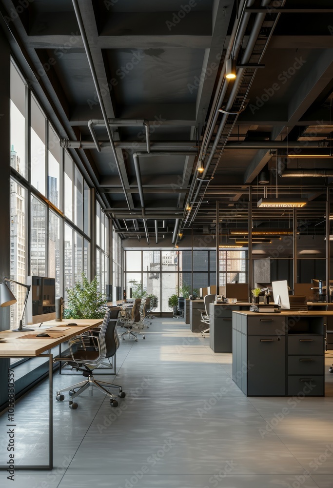 Modern Office Workspace With Large Windows And Exposed Ceiling Modern Office Workspace With Large Windows And Exposed Ceiling