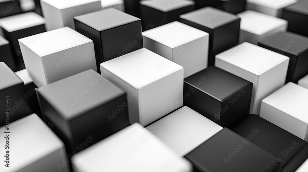 Black and white 3D cubes creating a geometric, high-contrast background, perfect for product or text placement. Black and white 3D cubes creating a geometric, high-contrast background, perfect for product or text placement.