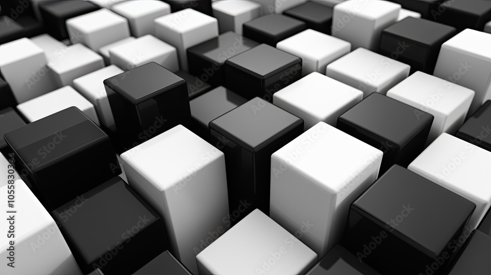 Black and white 3D cubes creating a geometric, high-contrast background, perfect for product or text placement. Black and white 3D cubes creating a geometric, high-contrast background, perfect for product or text placement.