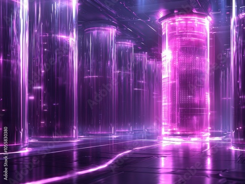 Wallpaper Mural Futuristic Neon Lighted Environment with Glowing Cylinders and Reflective Surfaces Torontodigital.ca
