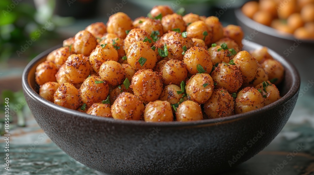 A bowl of seasoned chickpeas garnished with herbs.