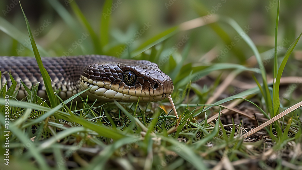 A sneaky snake slithering through the grass. A sneaky snake slithering through the grass.