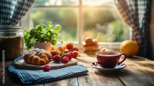 Warm and Cozy Kitchen Adorned with Gingham Curtains and Homemade Delicacies Ready to Be Enjoyed