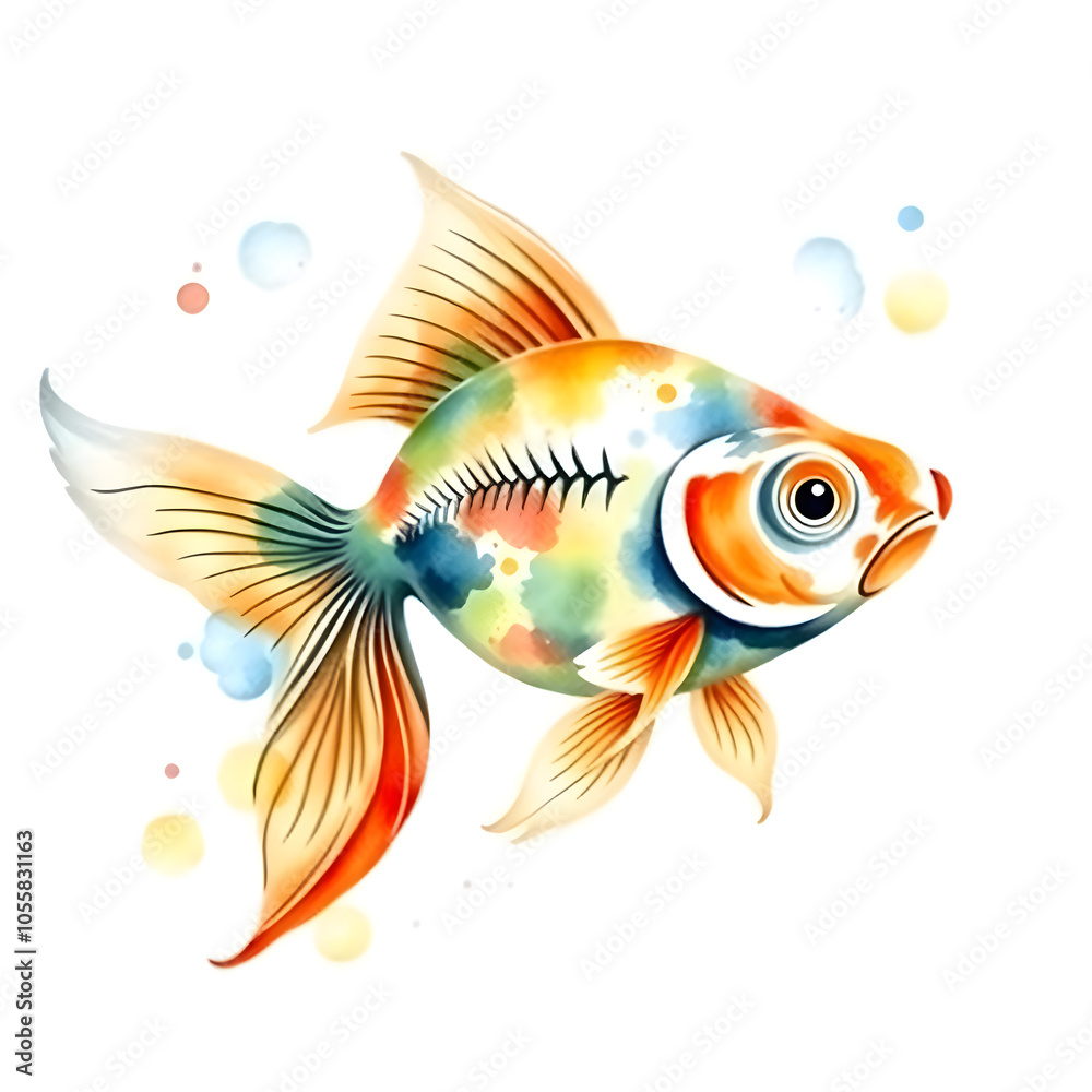 Fototapeta premium Goldfish swimming, watercolor illustration on white background. Generative AI