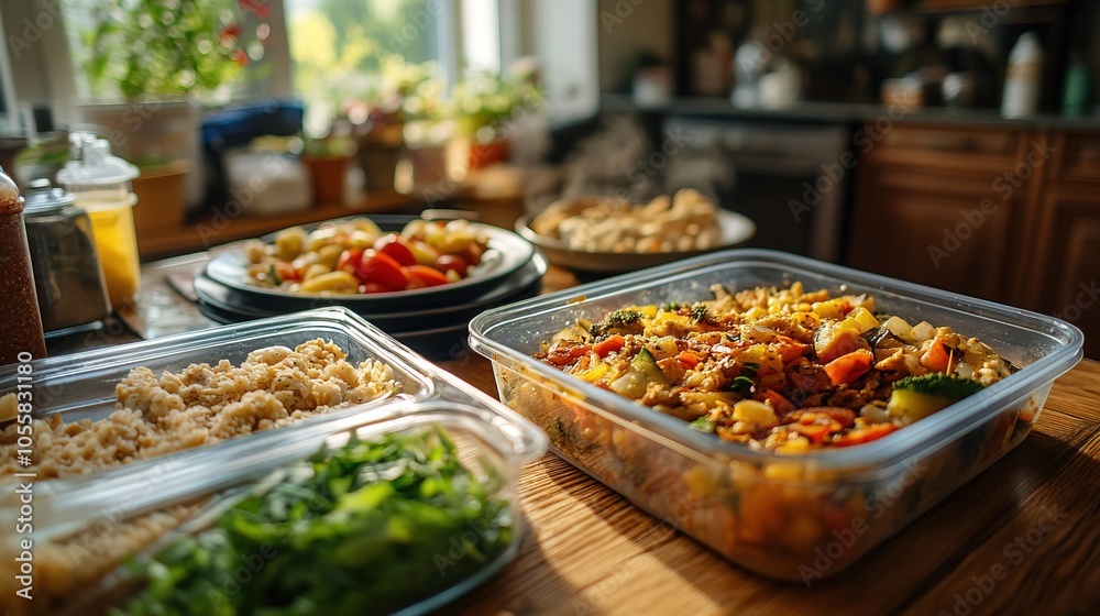 Leftover food in a container and plate on the table Leftover food in a container and plate on the table