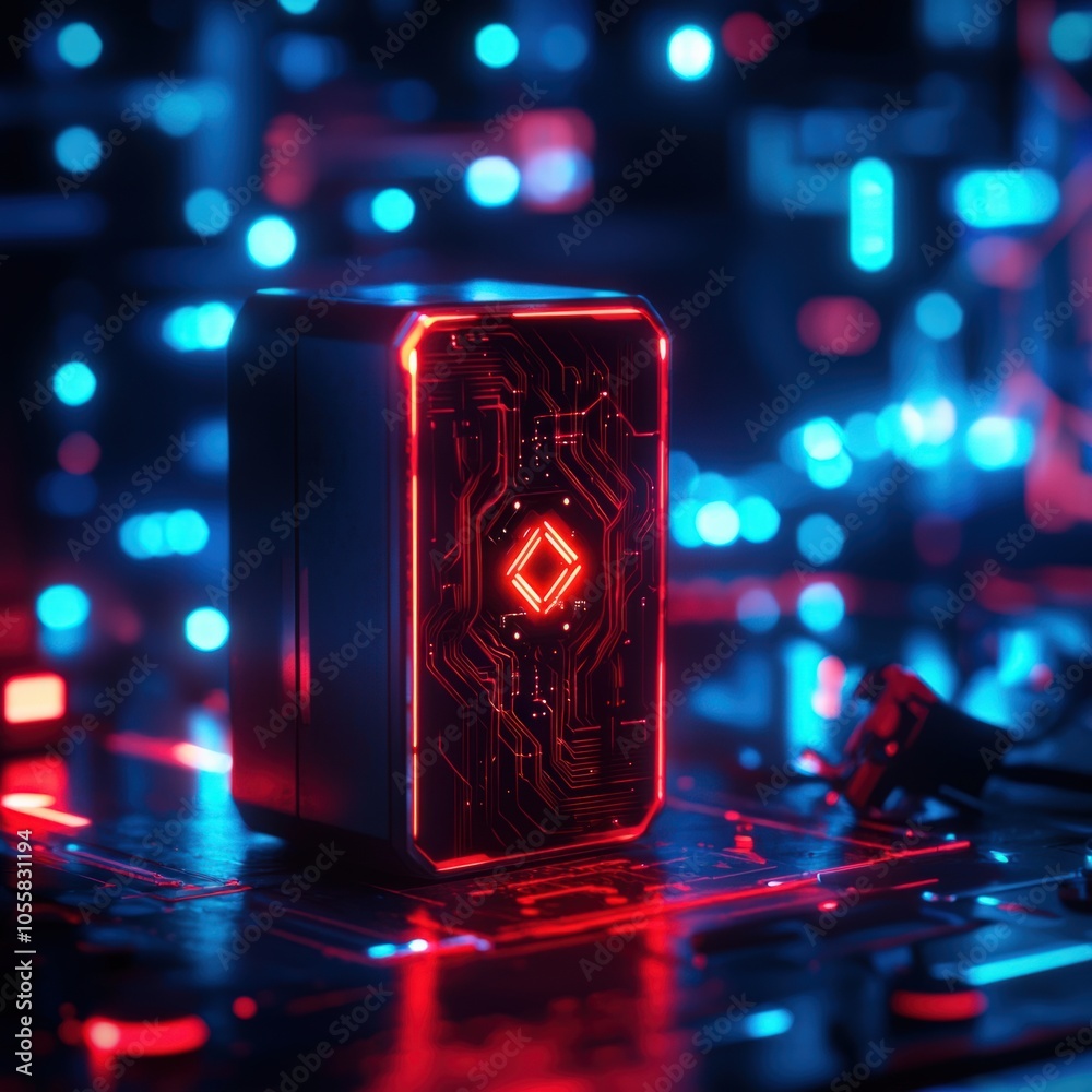 Fototapeta premium Futuristic Computer Hardware with Neon Lights and Circuit Patterns in a Dark Environment