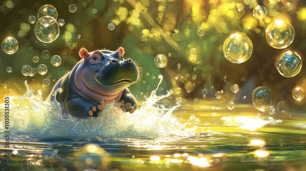 A bright outdoor scene featuring a bouncy pygmy hippo creating a splash, with sunlight reflecting off lively ripples and bubbles