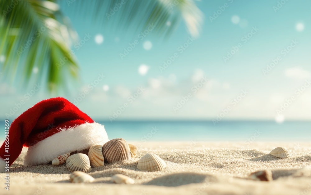 Fototapeta premium Merry Christmas written in the sand on a tropical beach, with a Santa hat and seashells decorating the scene, contrasting the winter holiday theme