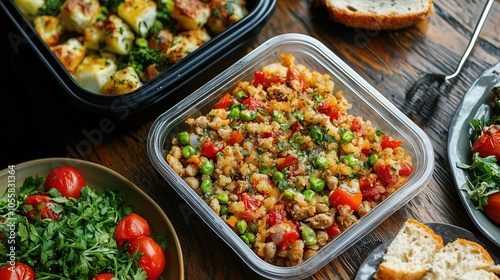 Leftover food in a container and plate on the table 