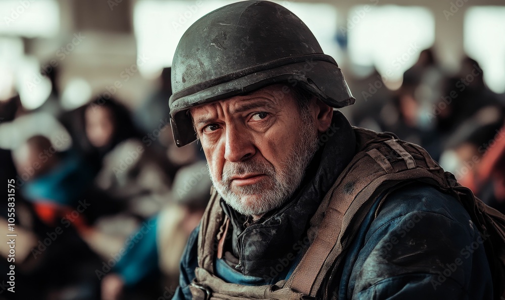 Naklejka premium A weathered soldier in a helmet looks intensely.