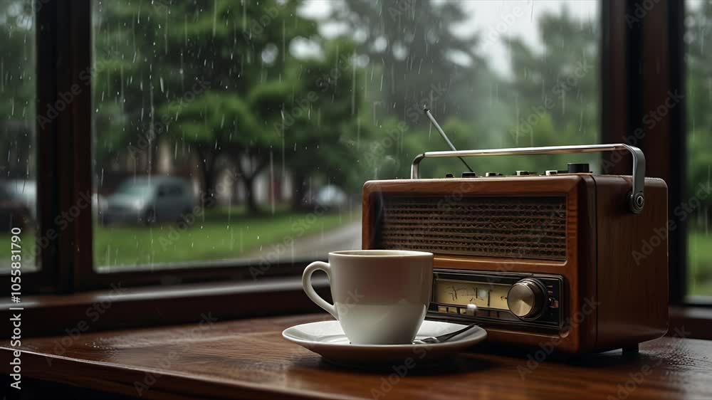 A radio and a cup of coffee behind the window during the rain. Relaxing and cozy atmosphere. Seamless 4K looping timelapse video animation background